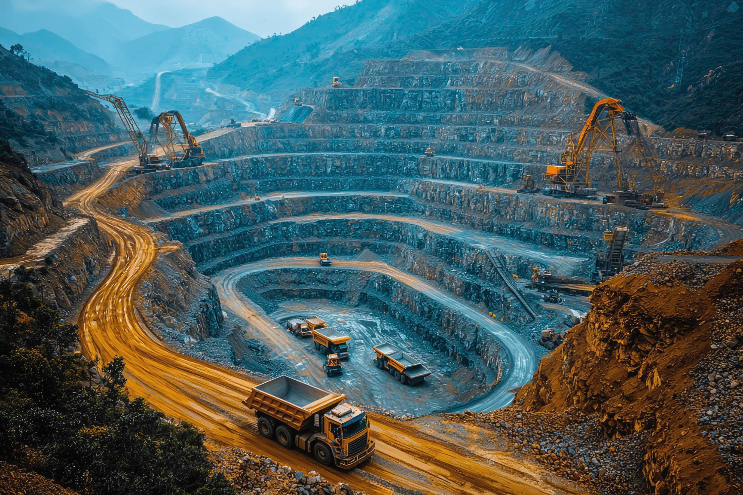 Open-pit mine with haul trucks and extraction roads