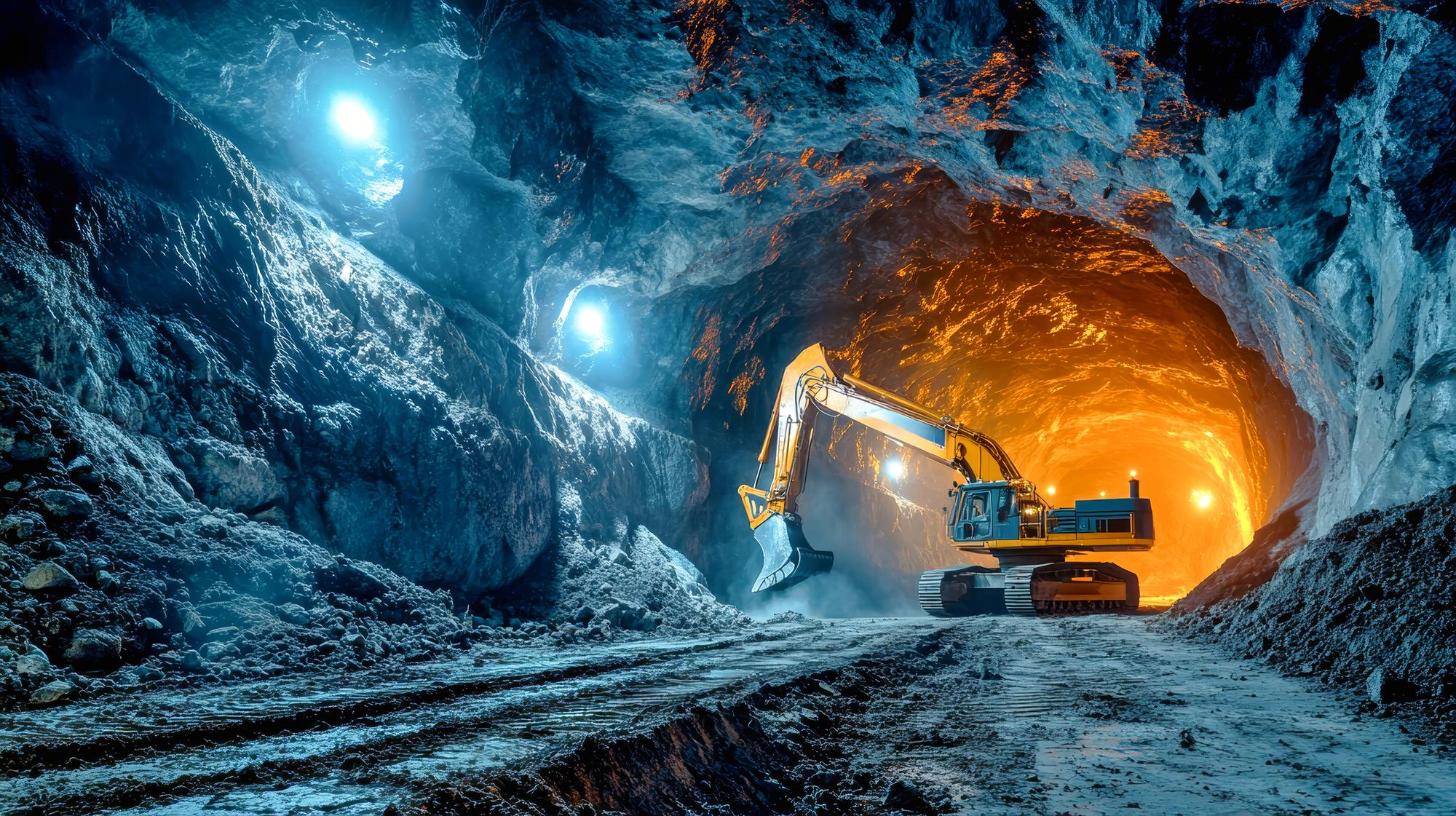 Excavator working inside a lit underground mine