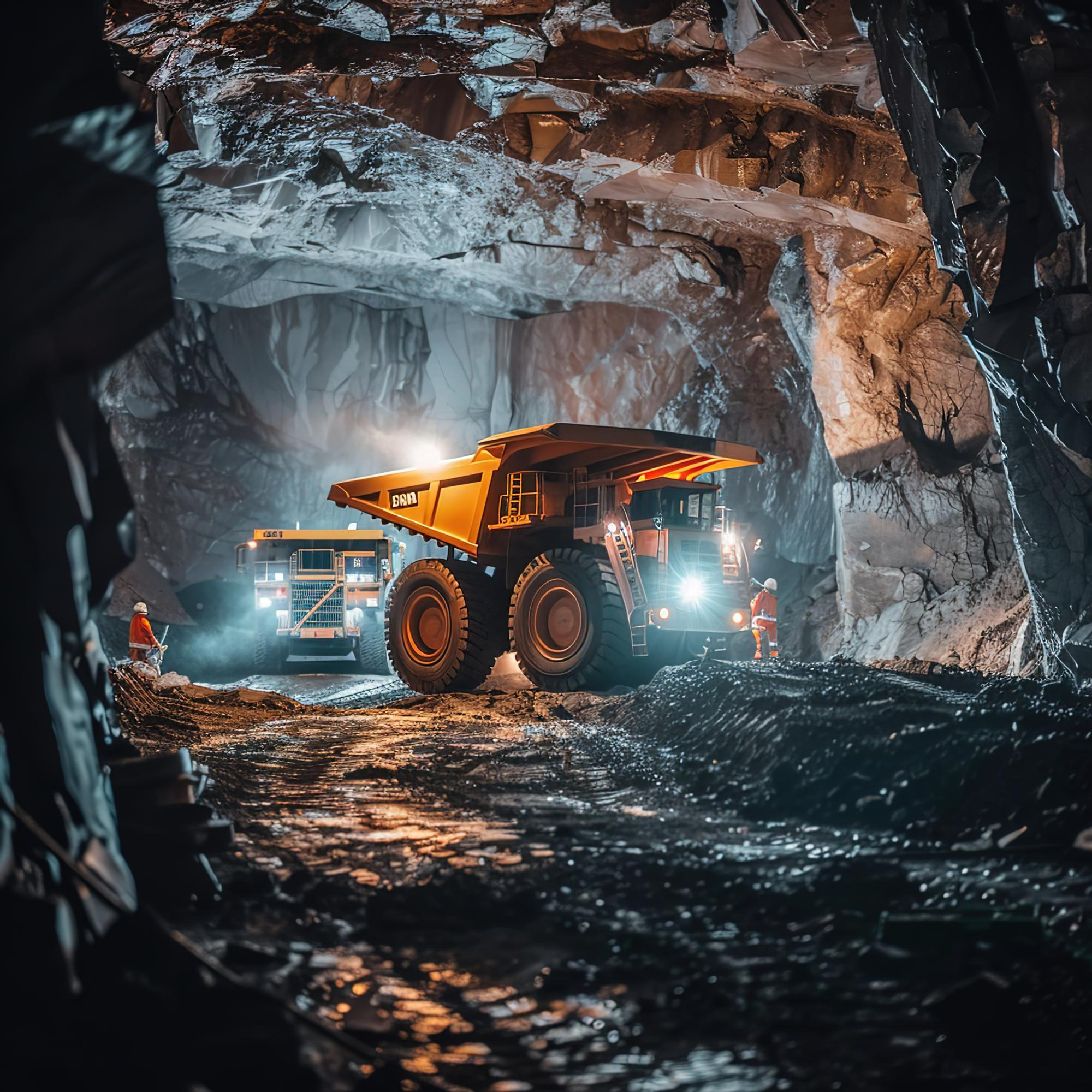 Heavy mining trucks operating in an underground mine
