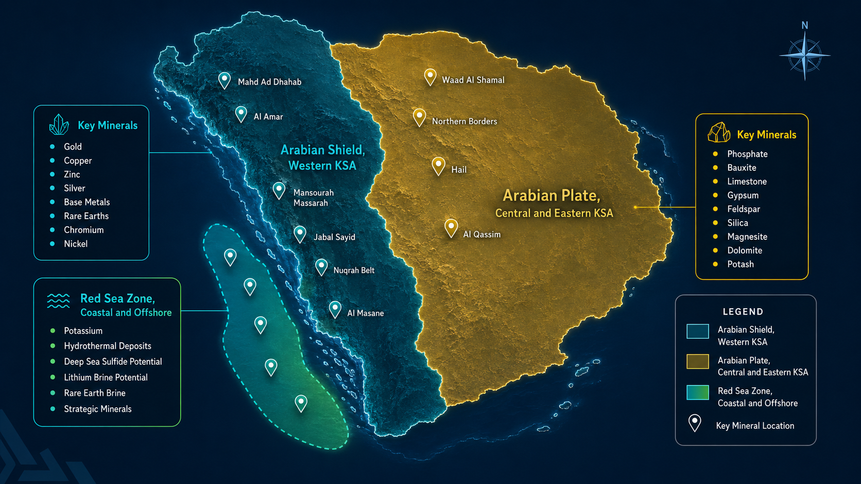 Distribution map of Saudi Arabia's mineral zones and key mineral locations